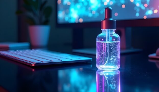 a glowing digital tablet and wireless keyboard on a reflective black desk a dropper bottle, filled with an iridescent liquid glowing gently under ambient neon light
