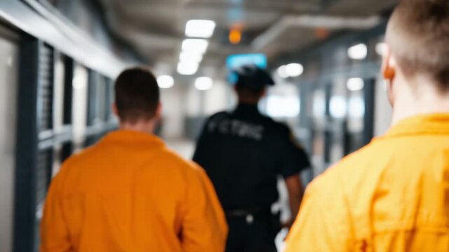 Incarcerated men in orange uniforms walk down a prison corridor, escorted by guards, with surveillance cameras and barred cell doors in view.