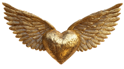 Golden Heart with Wings Symbolizing Freedom and Hope on a Transparent Background