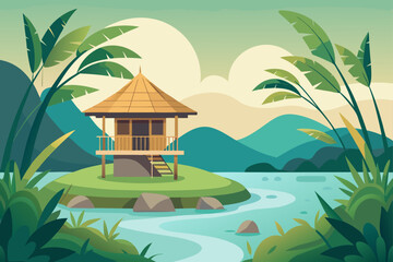 Obraz premium Minimal Bamboo Hut on a Curved Riverbank