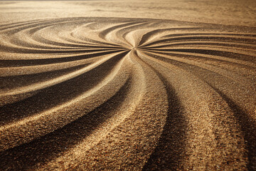 Fototapeta premium A close-up of abstract, swirling sand patterns forming a natural compass rose in a vast, empty desert landscape.
