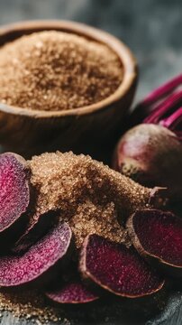 Close up of sugar coated purple radishes with a wooden bowl and spoon in the background.
