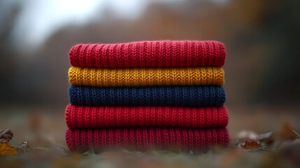 Stack of colorful knitted sweaters resting on natural ground.