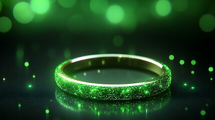 Sparkling green ring on a dark surface.