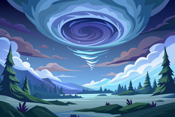 Sky Vortex Forming Above a Smooth Icy Forest in Dusk