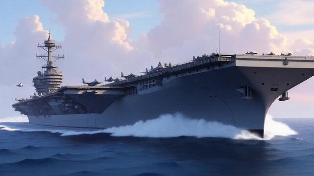 Large aircraft carrier sailing on the ocean with planes and cloudy skies above