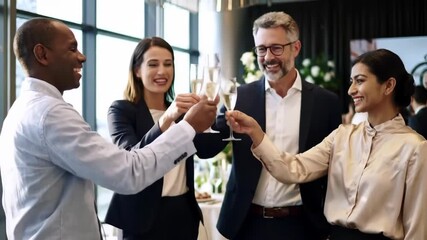 Celebratory toast among diverse colleagues in modern office gathering