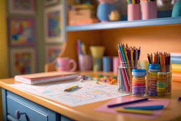 Child's desk with art supplies