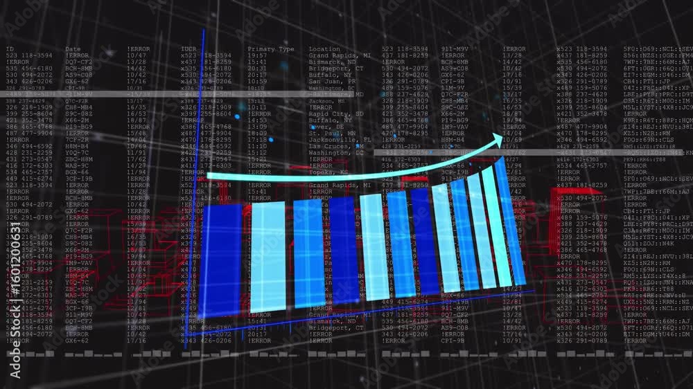 Poster on receiving data feed, 3d bar chart rising with glowing cyan arrow over shifting code grid