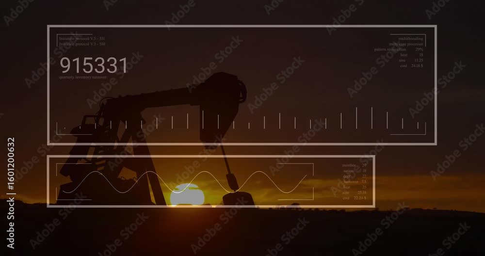 Poster sun dipping horizon hud overlay fading updating pulsing displaying data with pump jack silhouette