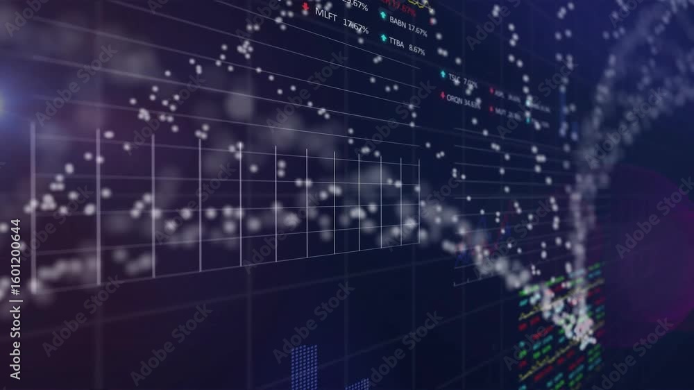 Poster opening canvas causing grid overlay, bars clustering and lines animating visualizing finance data