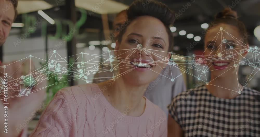 Poster Man picking marker sketching network on glass woman adding nodes overlay showing links for business