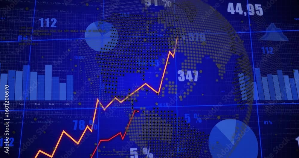 Poster thin red line emerging triggers dashboard animating map, bars trend lines rising visualizing data