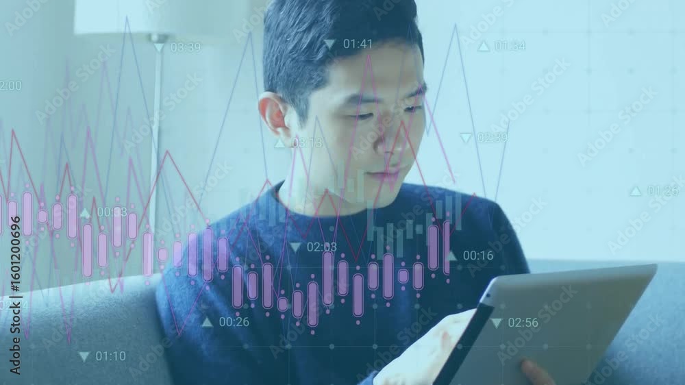 Poster man adjusting tablet and activating candlestick overlay while analyzing finance data screens