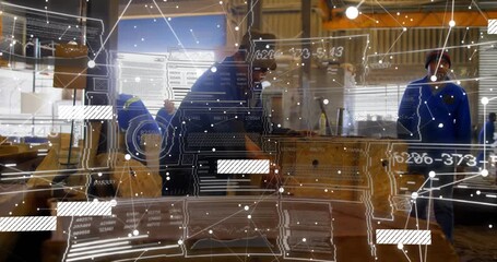 Central worker scanning crate with industrial AR interface, while coworkers observing data overlay