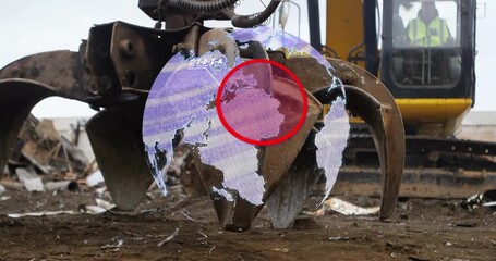 Equipment operator activating holographic globe overlay on scrap grapple for mapping recycling flow - Powered by Adobe