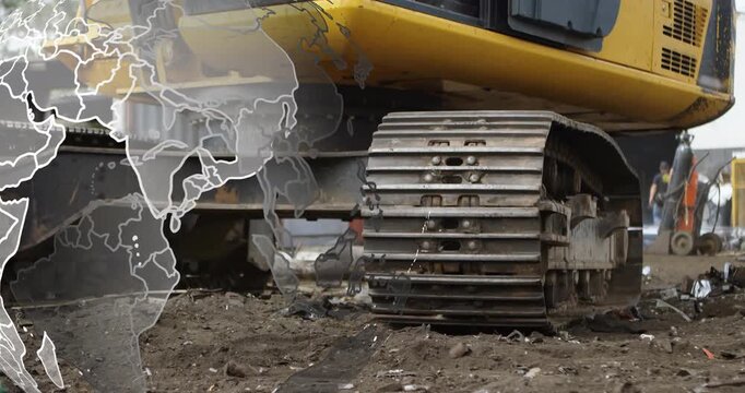 Excavator undercarriage idling in mud then wireframe globe fading and rotating showing global build