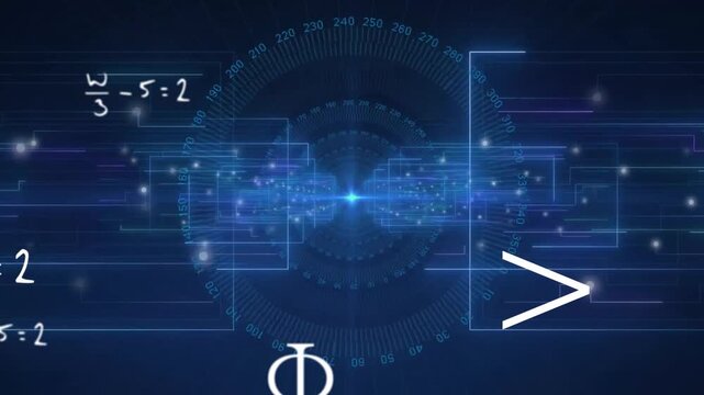 Interface expanding panels and brightening gauge upon node pulsing, fading equations showing math