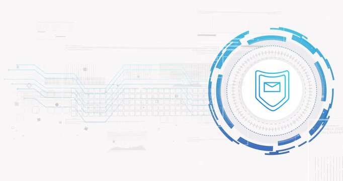 Emerging cyan data lines feeding into ring UI, pulsing around shield icon, showing secure email