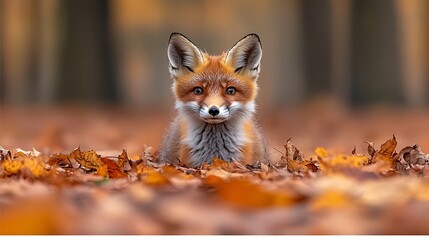 A young fox nestled among autumn leaves.