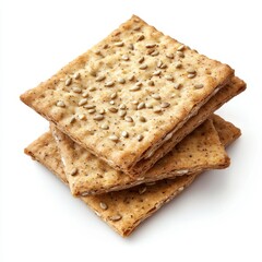 Fototapeta premium Stack of whole grain crackers with sunflower seeds and poppy seeds isolated on white background