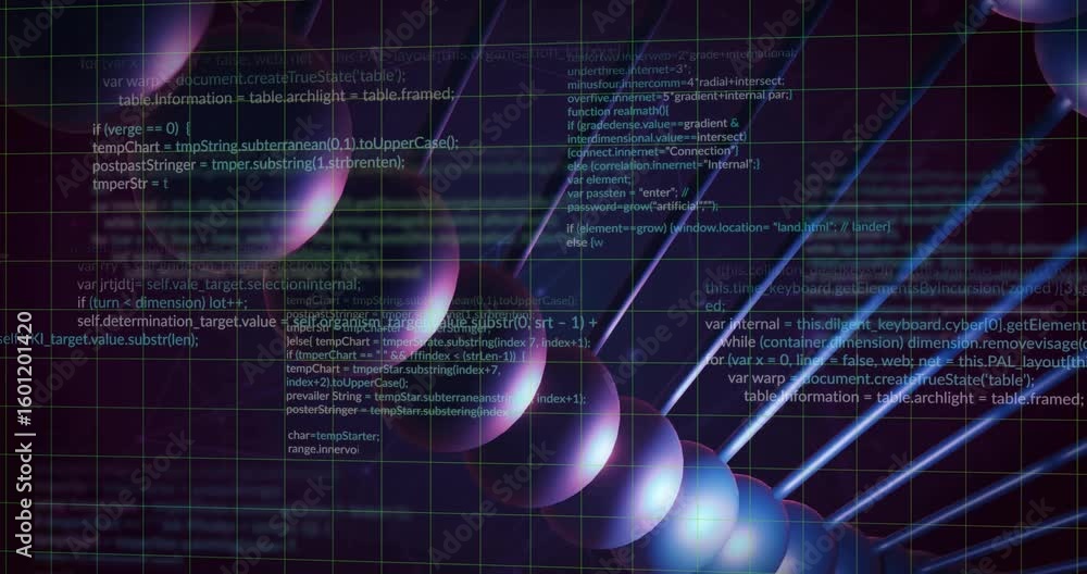Poster while 3d grid forming, helical strand emerging and rotating right under code scrolling showing data