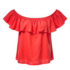 A striking off shoulder top in vivid coral featuring delicate ruffle details Perfectly centered and isolated on a clean white background