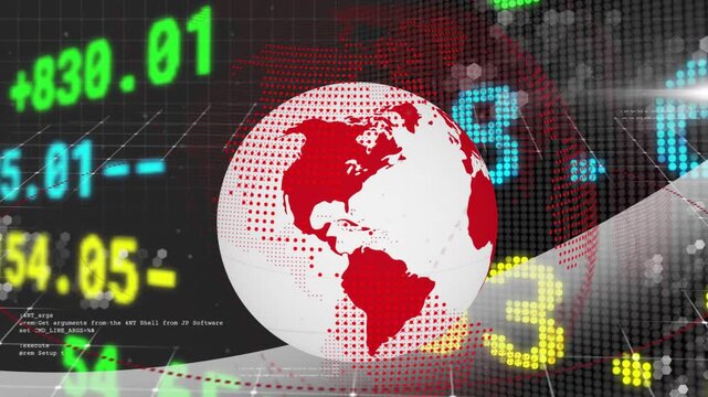 Grid and hex dots forming as red-white globe floating, rotating with tickers updating for finance