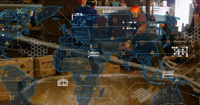 Factory workers welding metal rod to shape part as fading map overlay triggers global data stream