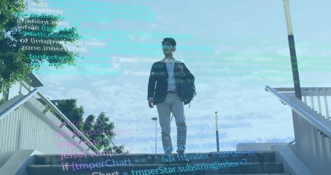 Business-casual man stepping down overpass steps, causing tech code scroll and surveying view