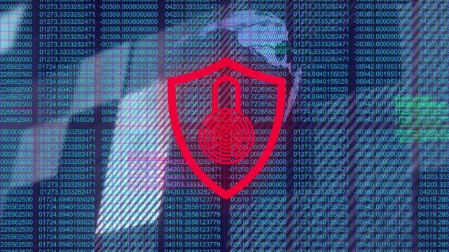 Starting from code feed, fading shield icon pulsing green to red, rotating globe signaling alert