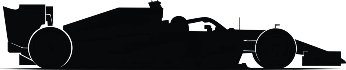Fotobehang F1 Silhouette of Formula 1 race car in side profile with aerodynamic structure and wings, cad drawing flat vector illustration design  © Creative Minds