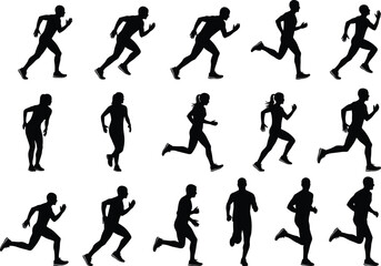 Running silhouette poses in biomechanics sequence, male figure motion breakdown for animation, cad drawing flat vector illustration for sports study