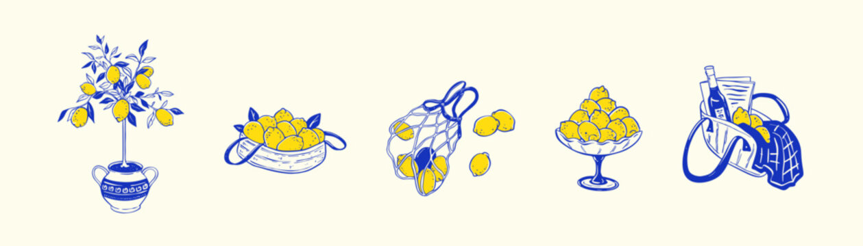 Set of blue and yellow lemon poster designs. Hand drawn doodle vector illustration. Summer Italian vacations. Mediterranean Sea Amalfi beach vacations. Dolce Vita coquette stile. Vintage retro print