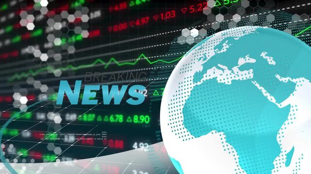 At start cyan globe rotating, hex grid fading, tickers chart animating, NEWS sliding in for update