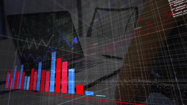 Laptop receiving business metrics input and generating 3D bar chart line graphs arrow code panel