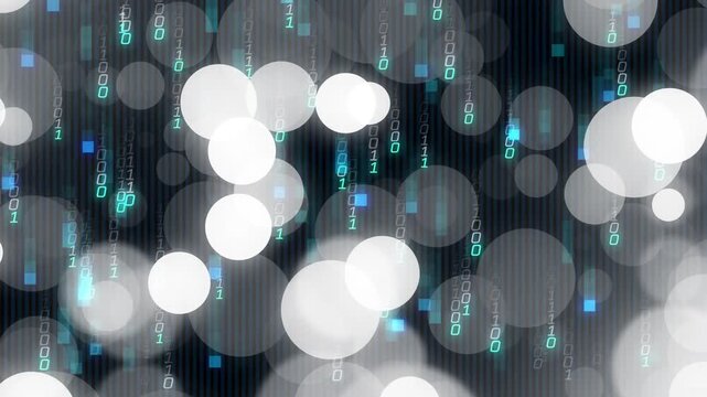 Soft white circles drifting on start while green-blue binary code streaming showing data flow