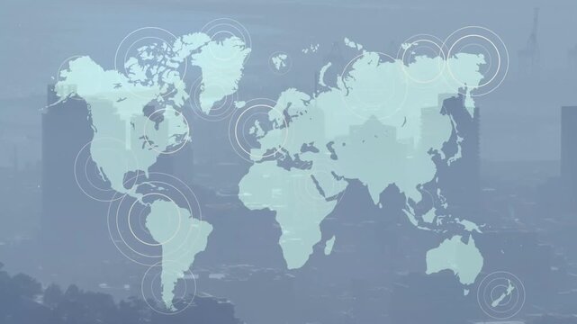 Map fading in over city skyline before pulsing rings expanding to emphasize global hotspots