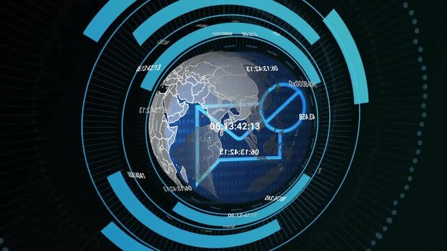 At startup globe rotating with binary codes, emerging HUD rings animating charts representing data