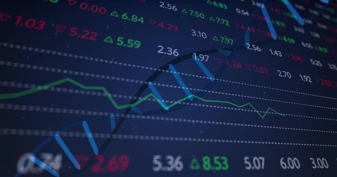 Opening dark blue dashboard, numeric tickers updating and helix wave rising to show market trends