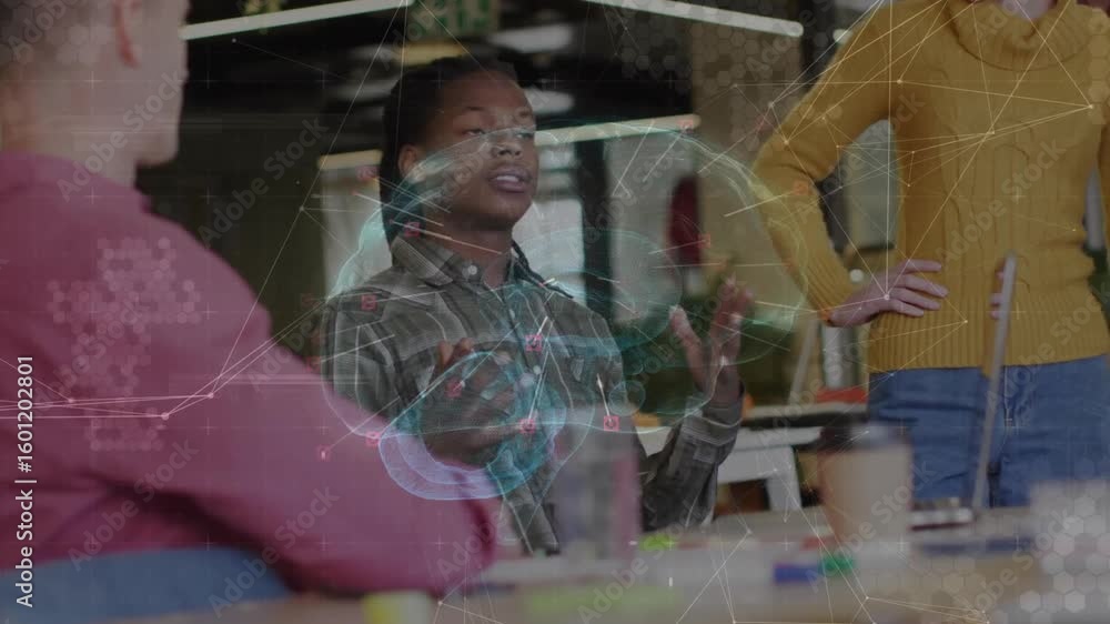 Poster laptop turning and showing hologram sphere as speaker gestures explaining data in sales meeting