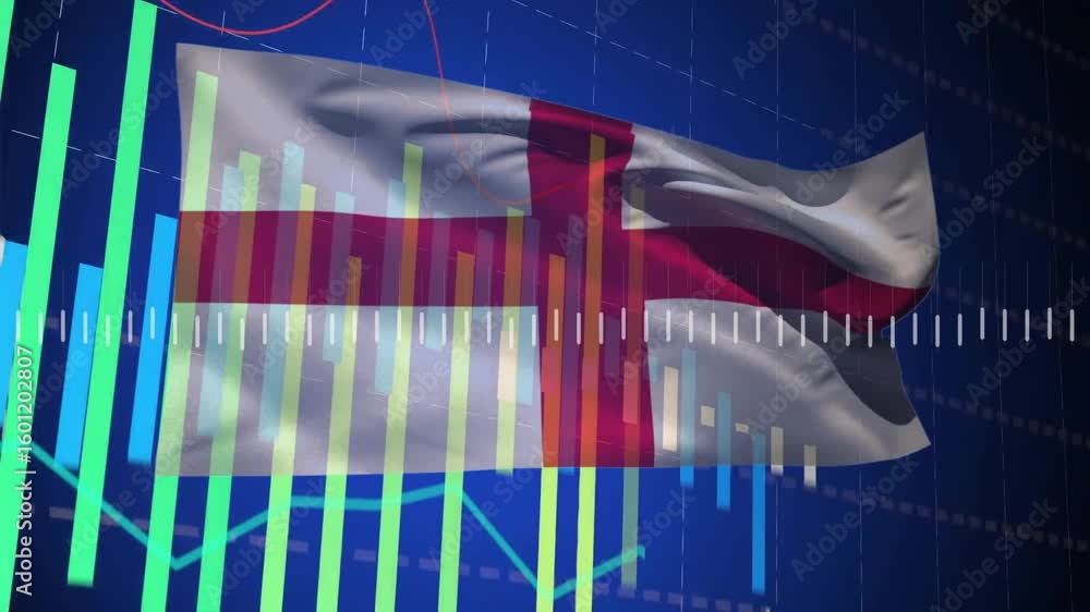 Poster flag bearing red st george's cross appearing on blue grid, sliding bars and line visualizing data