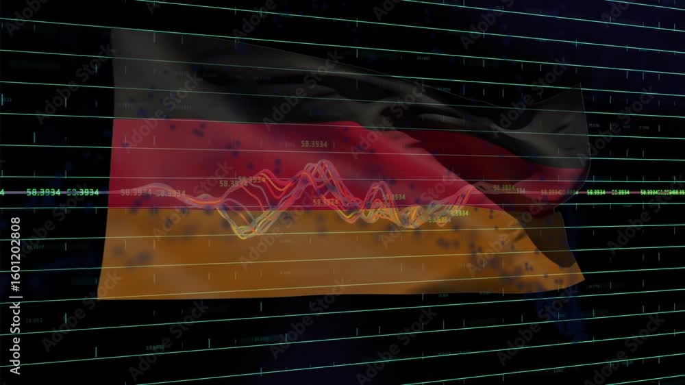 Poster 3d grid lines extending causing flag rippling while waveform traces pulsing to visualize data flow