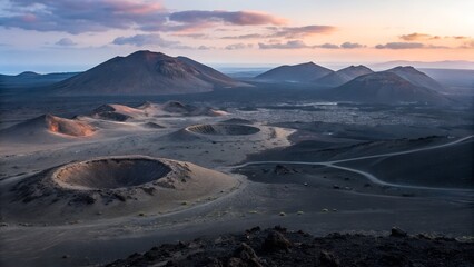 Craters in lava field filled with soft volcanic ash, forming lunar-like terrain under evening sky