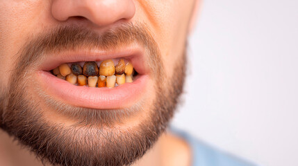 Close-up of male mouth with severely decayed and stained teeth