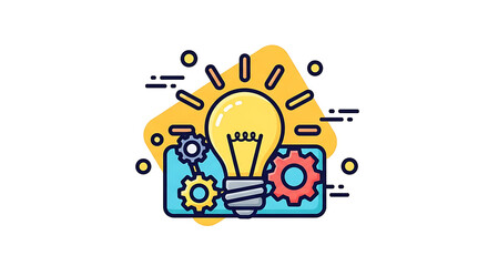 Obraz premium Illustration of a lightbulb surrounded by gears and a yellow background with small circles