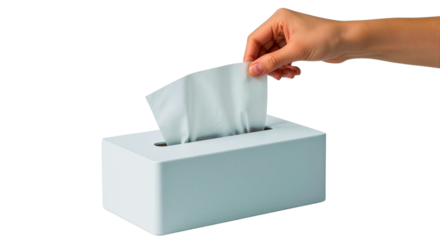 Hand pulling tissue from white tissue box
