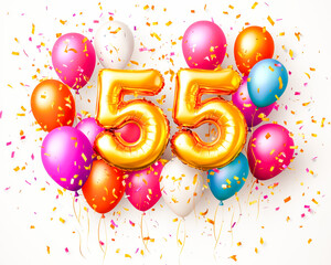 Festive celebration with colorful balloons and gold number 55 balloons surrounded by confetti