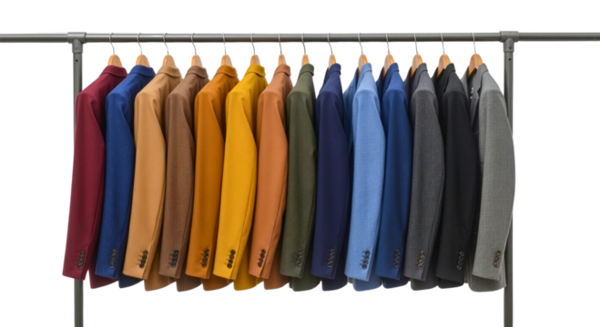 Colourful jackets neatly hanging on a clothing rack
