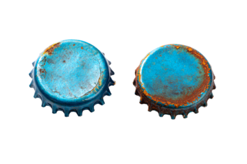 two blue bottle caps with rust on them